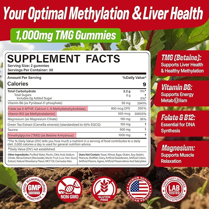 2Pack TMG Gummies 1000mg Betaine Anhydrous + Methylated Multivitamin &amp B Complex Methylated(Methylfolate B12 B6) Magnesium Taurine - Essential Trimethylglycine for Homocysteine Levels Brain En