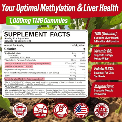 2Pack TMG Gummies 1000mg Betaine Anhydrous + Methylated Multivitamin &amp B Complex Methylated(Methylfolate B12 B6) Magnesium Taurine - Essential Trimethylglycine for Homocysteine Levels Brain En