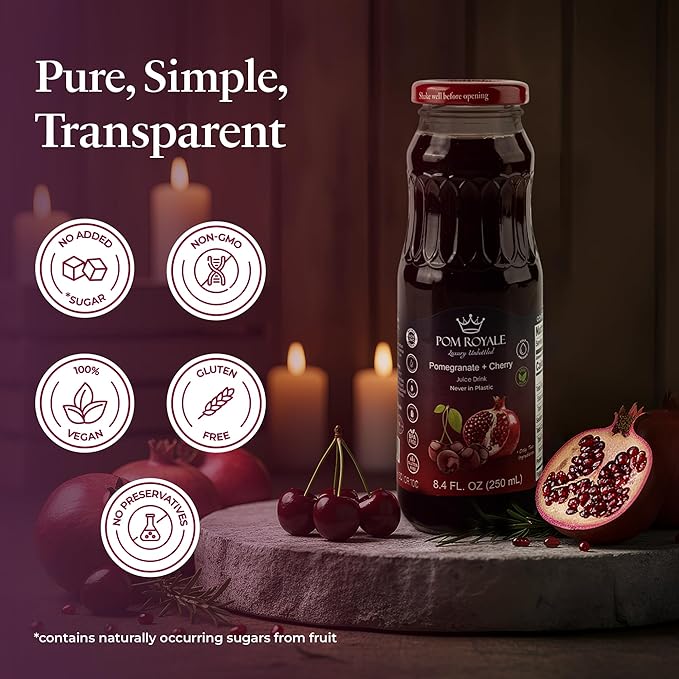 Pure Pomegranate &amp Cherry Juice 8.4oz Glass Bottle (Pack of 12) Cold Pressed Juice Not from Concentrate Non-GMO No Sugar Added Gluten Free Kosher Certified Preservative Free