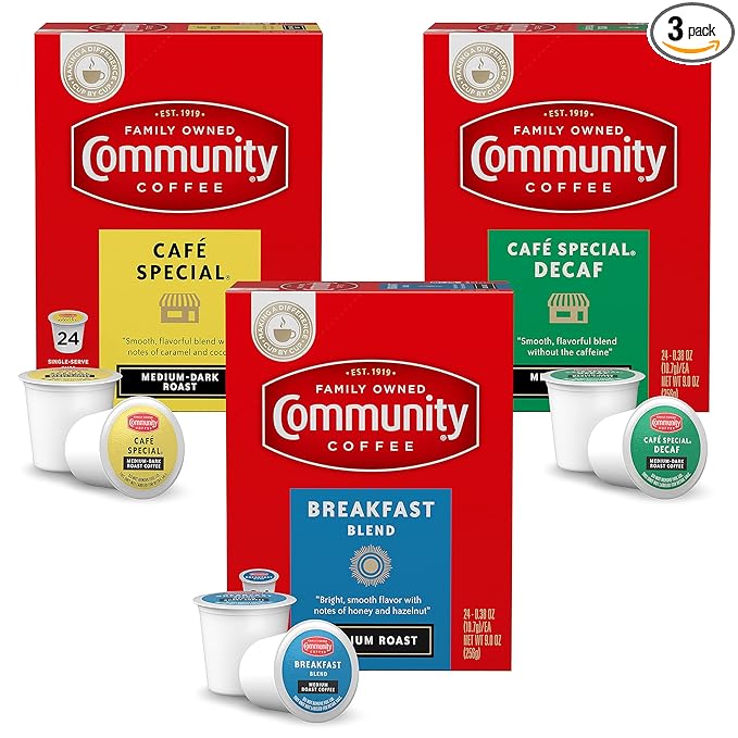 Community Coffee All Day Variety Pack with Decaf 72 Count Coffee Pods Medium Dark Roast Compatible with Keurig 2.0 K-Cup Brewers