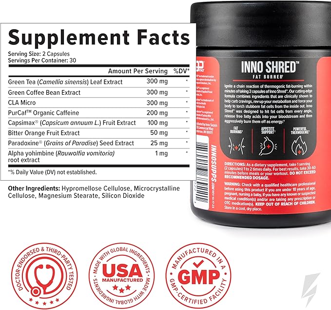 Inno Shred Fat Burner for Men and Women with 100mg Capsimax Grains of Paradise Organic Caffeine Green Tea Extract Appetite Suppressant Weight Loss (60 Veggie Capsules) | (with Stimulant)