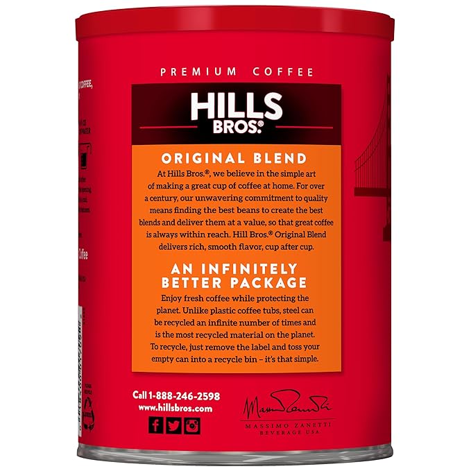 Hills Bros. Original Blend Ground Coffee – Premium Arabica Coffee Beans – Medium Roast Rich Flavor Cup After Cup – Recyclable Steel Can for Freshness – Certified Kosher – 11.3oz Can Pack of 6