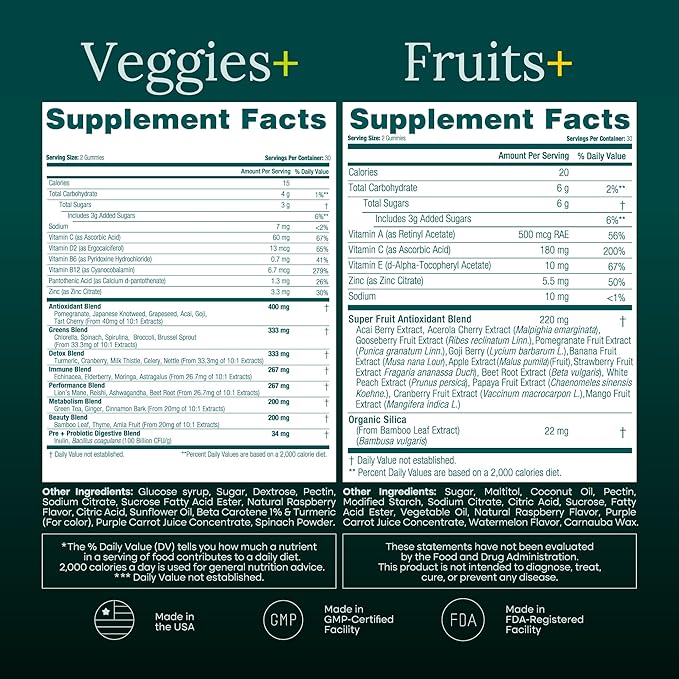 (120 Chews) Fruits and Veggies Supplement - Super Greens Gummies (9 Superfruits &amp 30 Veggies) Mushrooms Fruit and Vegetable Vitamins Non-GMO Pectin-Based Gluten-Free No Capsules