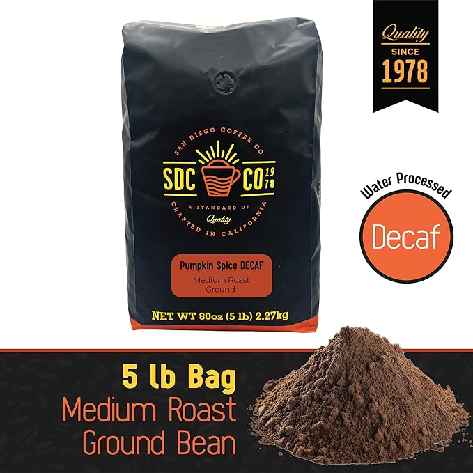 San Diego Coffee DECAF Pumpkin Spice Medium Roast Ground Coffee 5-Pound Bag Café descafeinado molido tostado
