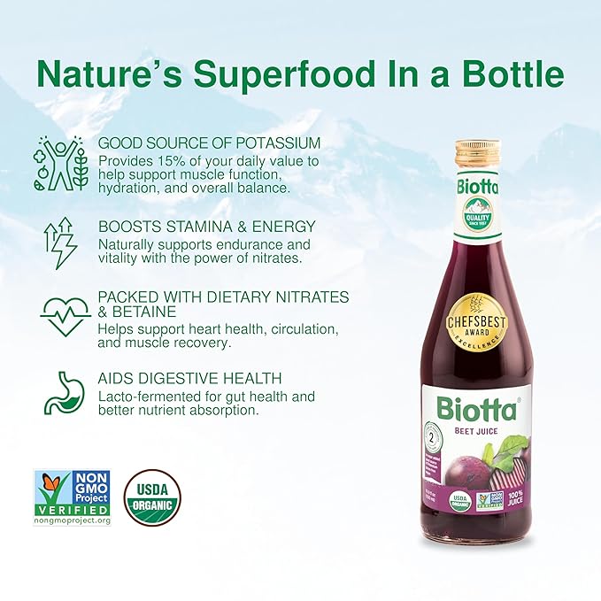Biotta Organic Beet Juice - 100% Vegetable Juice for Energy Immunity &amp Wellness - Excellent Source of Nutrients - All Natural Non-GMO Gluten-Free (16.9 Fl Oz Pack of 6)