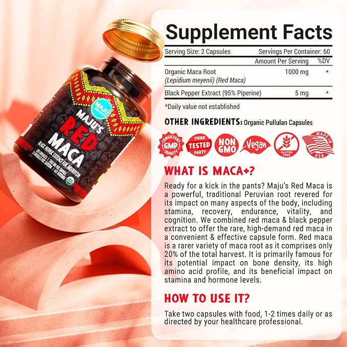 Maju Superfoods Organic Red Maca Root Capsules 120ct - Women Focused Curve Enhancement Nutrition Booster Pills Gain for Thighs Powder in Pill Supplement