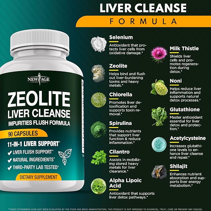 NEW AGE Liver Cleanse &amp Repair - Help Support Gut Health and Energy - Zeolite for Adults with Noni Glutathione NAC Chlorella Spirulina ALA Cilantro Milk Thistle &amp Shilajit - 270 Count