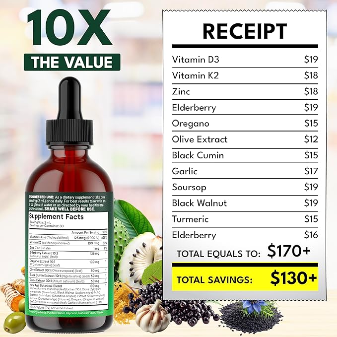 NEW AGE Oil of Oregano Drops - Black Seed Oil Elderberry Vitamin D D3 K2 Olive Garlic - Immune Support Supplement Wellness Formula Zinc Supplements Liquid - 2Fl Oz