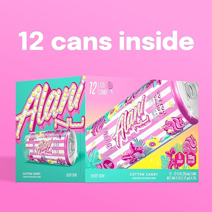 Alani Nu COTTON CANDY Sugar Free Low Calorie Energy Drinks 200mg Caffeine Biotin B Vitamins Zero Sugar 10 Calories 12 Fl Oz Cans 12 Pack