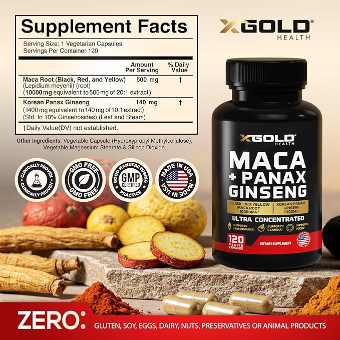 Maca Root Capsules 10000mg + Korean Panax Ginseng 1400mg - 20x Concentrated Extract Black + Red + Yellow Maca Root 10x Concentrated Extract Panax Ginseng Capsules - Ultra Potent &amp Highly Purifi