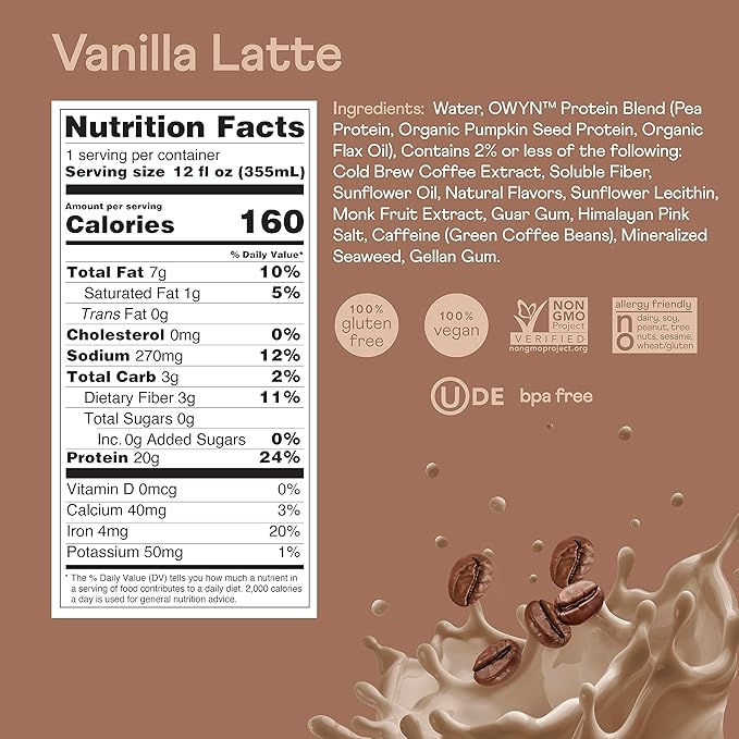 OWYN Only What You Need Double Shot Vanilla Latte Flavored Protein Shake 20g Protein 0g Sugar 3g Fiber 180mg Caffeine Dairy Free Plant Based Protein Drink 12 Count