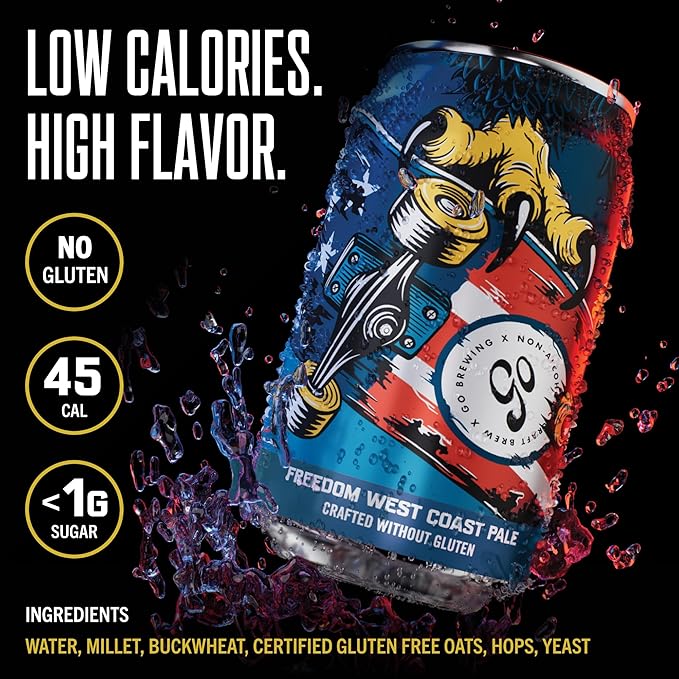 Go Brewing - Freedom West Coast Pale Amber and Hazy IPA Non-Alcoholic Craft Beer - Small Batch Brew with Classic Ingredients - Low-Calorie &amp Crafted Without Gluten - Bold Balanced Taste (12 Oz