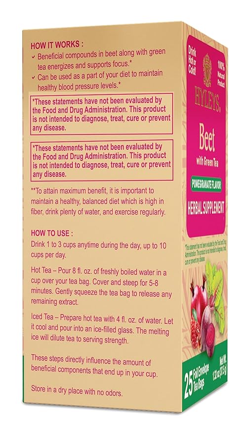 Hyleys Beet &amp Green Tea with Natural Pomegranate Flavor - Herbal Energy Tea - Supports Focus - 25 Tea Bags - (6 Pack - 150 Tea Bags Total)