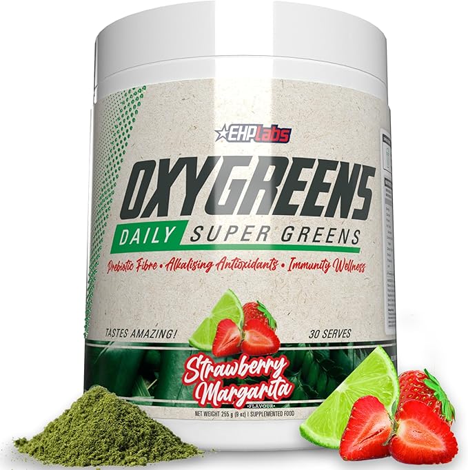 EHP Labs OxyGreens Super Greens Powder - Spirulina &amp Chlorella Superfood Green Juice Powder &amp Greens Supplements with Prebiotic Fibre Antioxidants &amp Immunity Support 30 Serves (Strawb.