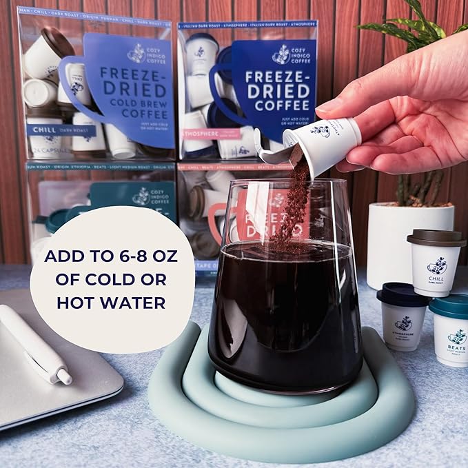 COZY INDIGO COFFEE - ATMOSPHERE Italian Dark Roast Instant Freeze Dried Specialty Coffee 24 Capsules 100% Arabica Beans Enjoy Cold or Hot Perfect for Travel and On The Go