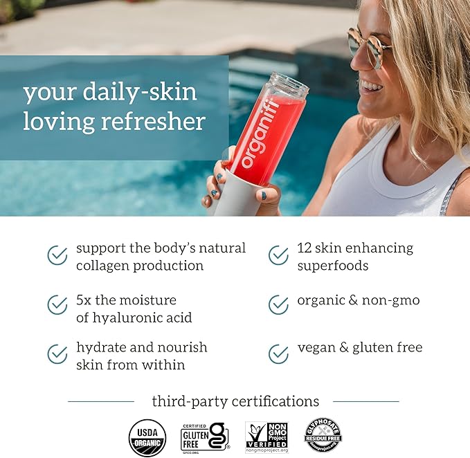 Organifi Glow - Vegan Collagen Powder for Women - Organic Flavored Water Ingredient 30 Servings