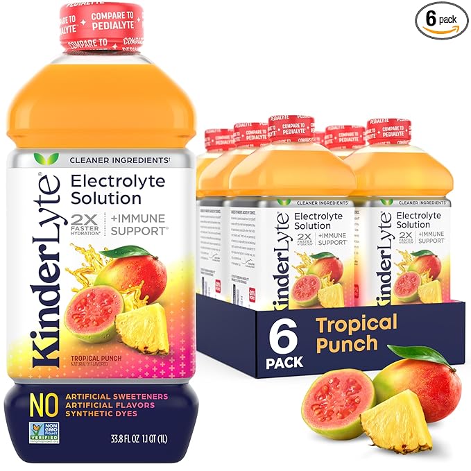 KinderLyte Electrolyte Solution for Kids and Adults - Hydration Drink Tropical Punch (33.8 fl oz 6 Pack) No Artificial Sweeteners or Flavors No Synthetic Dyes Vegan Non-GMO Gluten-Free