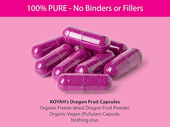 KOYAH - Organic Dragon Fruit Capsules – 600 mg Freeze-Dried Powder (Equals 3600 mg Fresh) – Whole-Food Vegan Non-GMO 60 Count