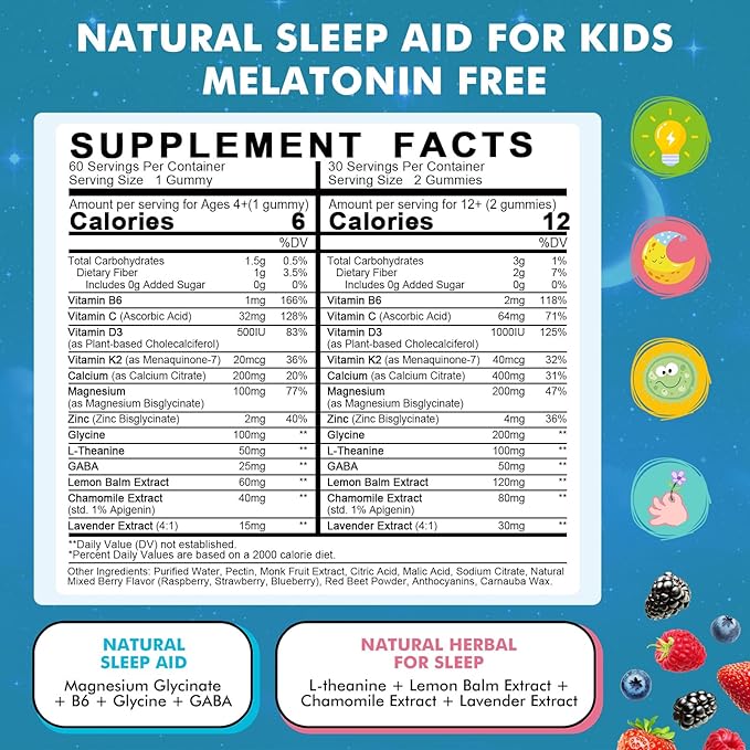 Kids Sleep Gummies with Magnesium Glycinate – Melatonin Free Bedtime Support for Kids – Calm &amp Relaxation with L-Theanine GABA Chamomile &amp Lemon Balm – Sugar Free Mixed Berry Flavor 120 Gum
