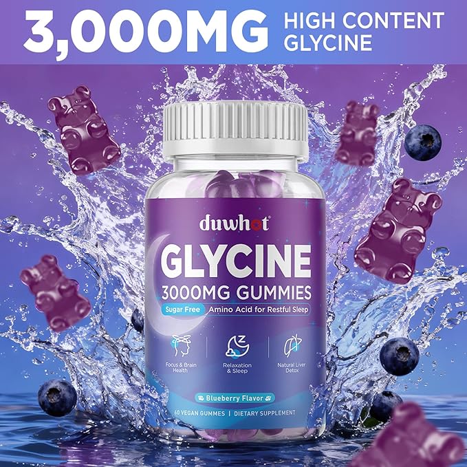 Glycine Gummies 3g(3000 mg) Glycine Supplements for Sleep Detox Relax Nerve Support Blueberry Flavor Sugar-Free Vegan Non-GMO Gluten-Free 60 Ct.