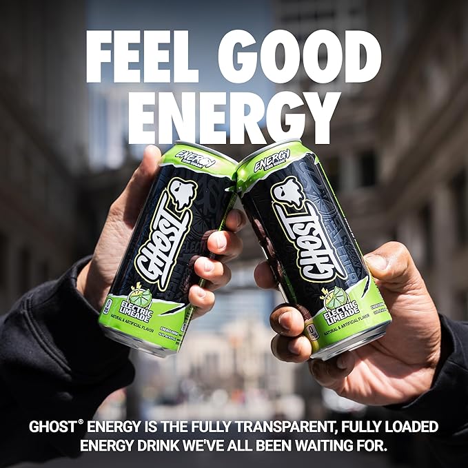 GHOST Energy Drink - 12-Pack Electric Limeade 16oz Cans - Energy &amp Focus &amp No Artificial Colors - 200mg of Natural Caffeine L-Carnitine &amp Taurine - Gluten-Free &amp Vegan