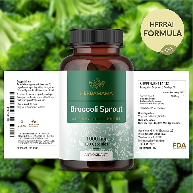 HERBAMAMA Broccoli Sprouts Capsules - 1000mg Broccoli Sprout Extract for Antioxidant &amp Immune Support - Vegan Non-GMO Sulforaphane Supplements 100 Caps