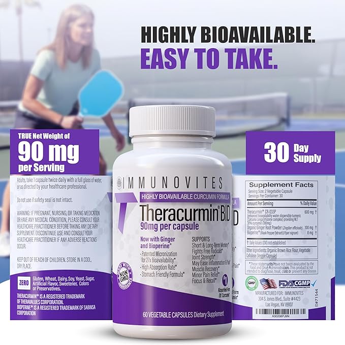 IMMUNOVITES Theracurmin BID 300mg (Nano Curcumin 90mg per Cap.) [[600mg per Serving]] - Now w/Ginger &amp Bioperine (60ct Bottle)