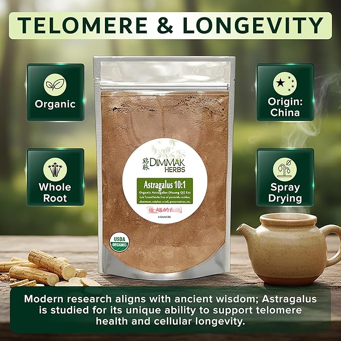 Dimmak Herbs Organic Astragalus Root Extract 10:1 Powder (Ultra Potent Immune Tonic)- TCM Doctor Sourced Huang Qi for Vitality Telomere Support &amp Jing- No Cooking Needed Instant Tea (4oz)