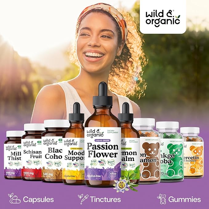 Wild &amp Organic Passion Flower Tincture - Mood Support - Calming Passionflower Supplement - Passiflora Incarnata Liquid Extract - Vegan Sugar &amp Alcohol-Free Herb Drops - 4 fl oz