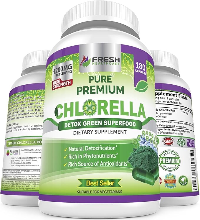 FRESH HEALTHCARE Premium Chlorella Supplement 1200mg Pure Vegan Powder Capsules 180 Chlorophyll and CFG Pills Natural Detox Superfood Naturally Contains B Vitamins and Minerals