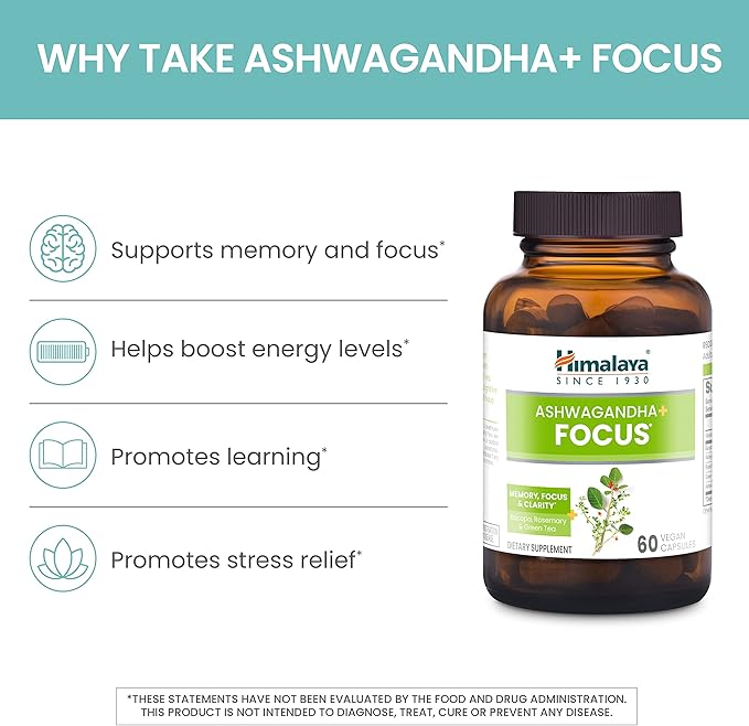 Himalaya Ashwagandha+ Focus - Herbal Focus Supplement with B12 Rosemary Green Tea and Bacopa Nootropics for Memory and Clarity - Vegan Non-GMO Gluten Free 1690 mg 60 Caplets