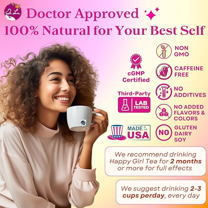 2 Pack of Dr. Lu's Happy Girl Tea | 100% Natural Herbal Tea for Hormone Balance Menstrual PMS PCOS &amp Menopause | Antioxidant &amp Anti-Aging Rose Tea with Raspberry Leaf Cranberries Goji Ber