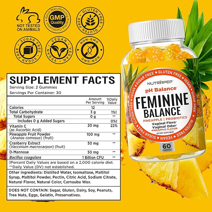 Feminine Balance Probiotics Gummies for Women - Vaginal Health &amp Women's pH Balance Natural Gummy Supplement with Cranberry Pineapple Powder - Sugar Free Gluten Free Vegan (Pack of 2)