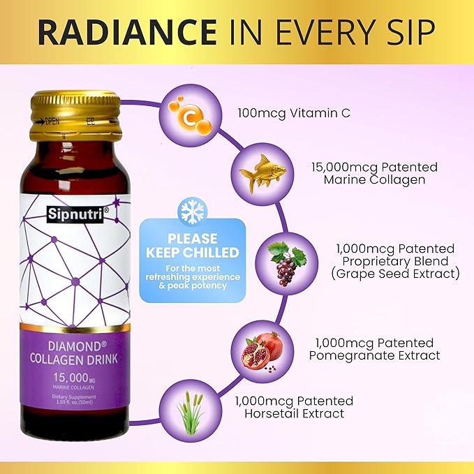 Diamond Collagen Drink 15000mg Marine Collagen Peptides Liquid Shots Best Served Chilled to Minimize Fish Taste Supports Skin Hair &amp Nail Health-1.69 fl oz x10