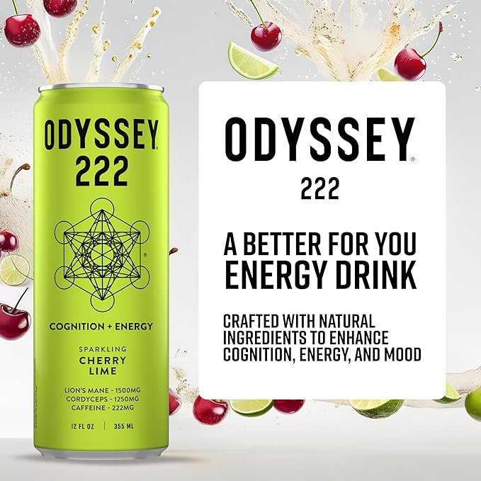 Odyssey 222 Energy Drink Pre Workout 222mg Caffeine Clean Energy Drinks L Theanine Lions Mane Cordyceps &amp Green Tea for Energy Focus &amp Mood Boost Low Calorie Cherry Lime 12 Fl oz 12