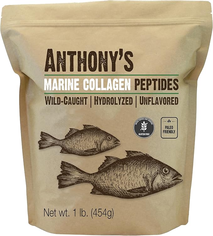 Anthony's Hydrolyzed Marine Collagen Peptides Gluten-Free Paleo and Keto Friendly Unflavored 1-Pound