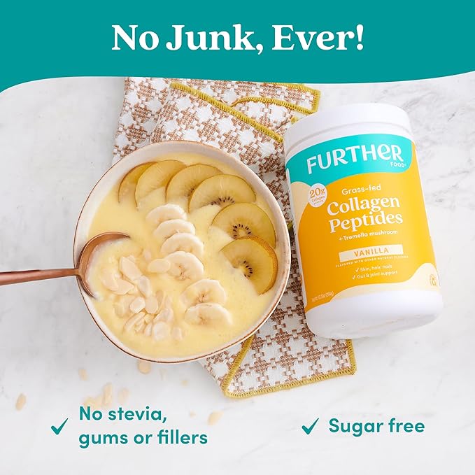 Further Food Vanilla Collagen Peptides Powder with Tremella Mushroom – 100% Grass-Fed Hydrolyzed Type 1 &amp 3 20g of Collagen per Serving Supports Skin Hair Nails &amp Joints 10.37 Oz