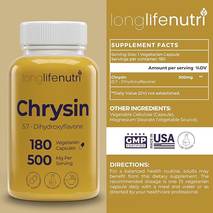 LongLifeNutri Chrysin 500mg – 180 Vegetarian Capsules from Passion Flower 5 7-Dihydroxyflavone Natural Antioxidant for Overall Wellness 6-Month Supply GMP Certified Made in USA