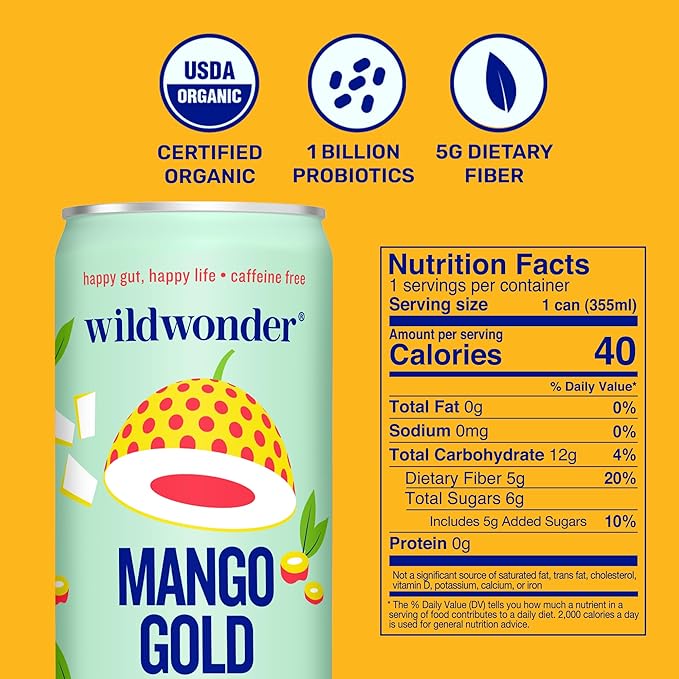 wildwonder Sparkling Probiotic Drink 12pk For Gut Health &amp Immune Support Mango Gold 5g Prebiotic Fiber Live Probiotics Organic Vegan Low Sugar 12 Pack 12oz Can As Seen on Shark Tank