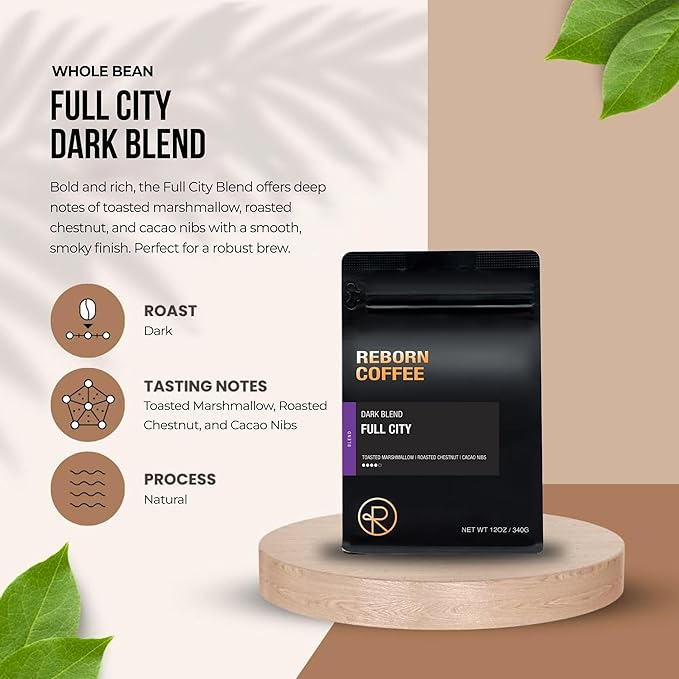 Reborn Coffee Specialty Whole Bean Coffee Full City Dark Roast 12 Ounce Colombia Blend Notes of Toasted Marshmallow Roasted Chestnut and Cacao Nib