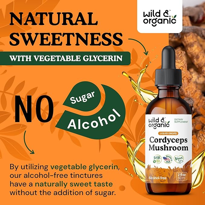 Wild &amp Organic Cordyceps Mushroom Tincture - Cordyceps Extract Supplement for Energy &amp Immune Support - Liquid Sinensis Mushroom Drops - Vegan Sugar &amp Alcohol-Free - 2 fl oz