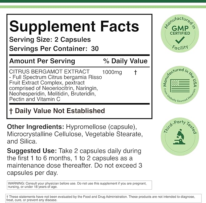 Citrus Bergamot Supplement 1000mg 60 Capsules - Supports Healthy Cholesterol &amp Triglyceride Levels - 1000mg Servings (Bergamonte Standardization) by Double Wood