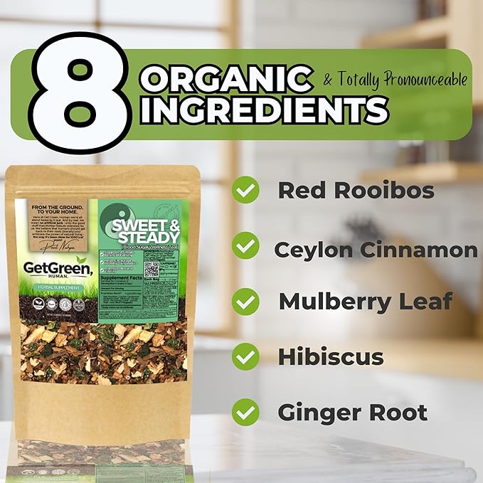 Sweet &amp Steady Organic Herbal Tea with Cinnamon Rooibos &amp Mulberry Leaf | Daily Balance &amp Vitality Loose Leaf Tea – 2 oz (57 g) | Caffeine-Free Vegan No Artificial Flavors | Get Green