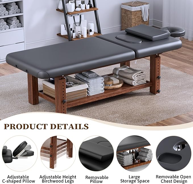Adjustable Professional Massage Table Wood Stationary Massage Table with Adjustable Height &amp Backrest Eyelash Bed with Large Storage Space C Shape Pillow for Spa Treatment Beauty