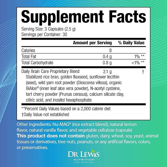 Dr Lewis Daily Brain Care Capsules - Brain Supplements for Memory and Focus with Aloe Vera - Plant-Based Nootropic and Energy Supplement for Brain Fog Mental Clarity and Immune Support - 90 Capsules