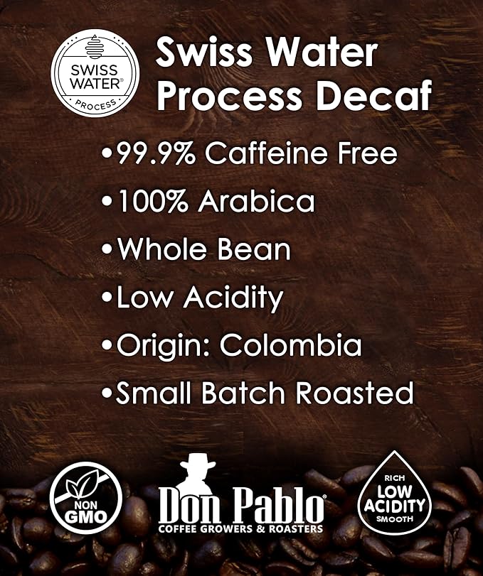 Don Pablo Colombian Decaf - Swiss Water Process Decaffeinated - Medium-Dark Roast Gourmet Coffee - 100% Arabica Whole Bean Non-GMO Low Acidity 907g (2LB) Bag