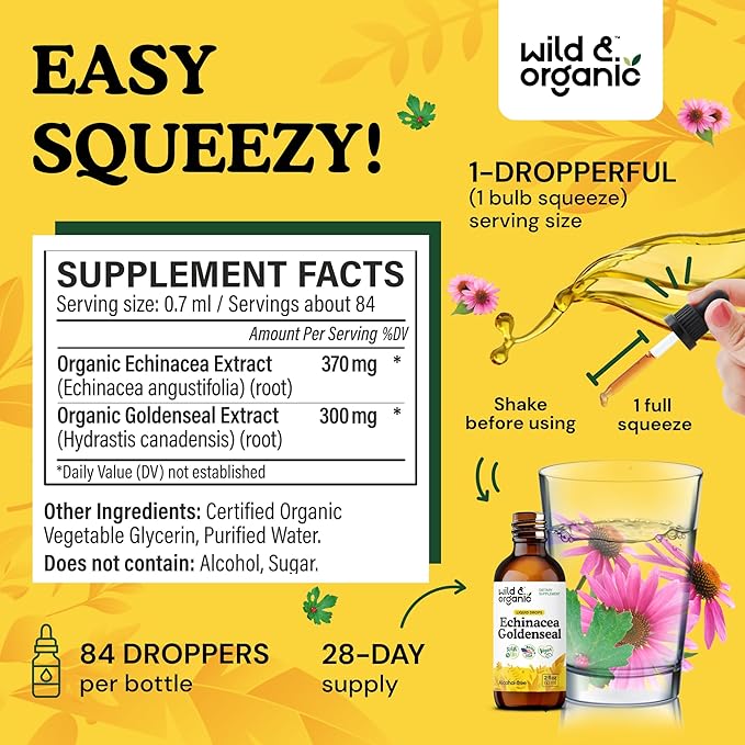 Wild &amp Organic Echinacea Goldenseal Liquid Drops - Immune Support Supplement w/Goldenseal Echinacea Root Extract - Vegan Sugar &amp Alcohol-Free Tincture - 2 fl oz