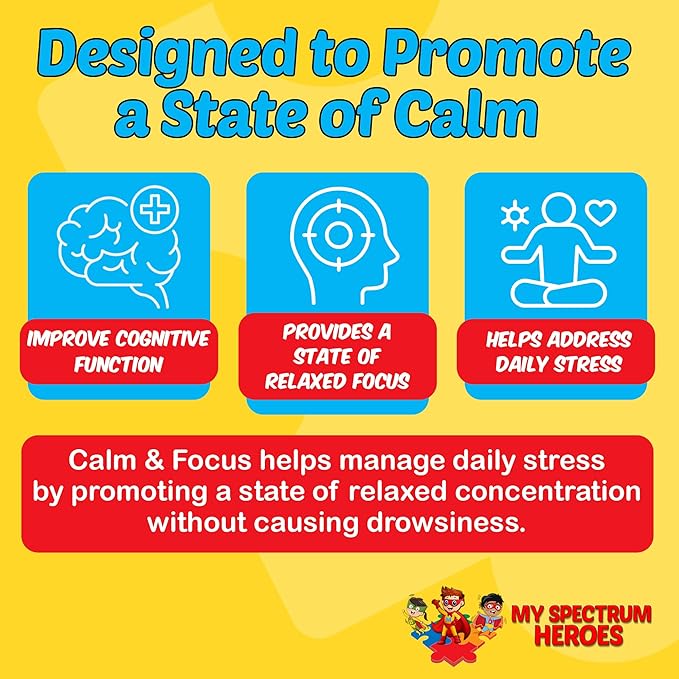 My Spectrum Heroes Calm &amp Focus Supplement Drops - Brain Support with L-theanine GABA Huperzine A - Enhance Focus for Kids or Adults - Boost Concentration for Kids &amp Teens - 2.02 FL oz. (60