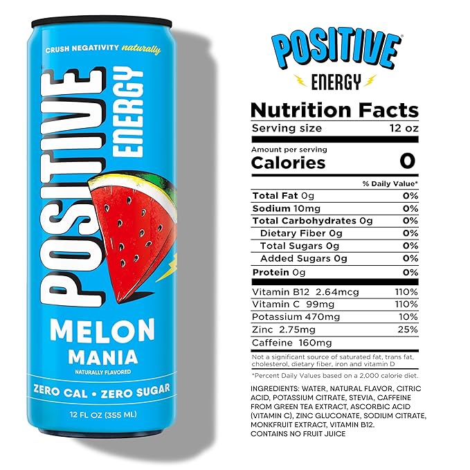 Positive Energy Beverage | Melon Mania | 12-oz Can Pack of 12 | Zero Sugar Energy Drink Supports Immunity and Hydration