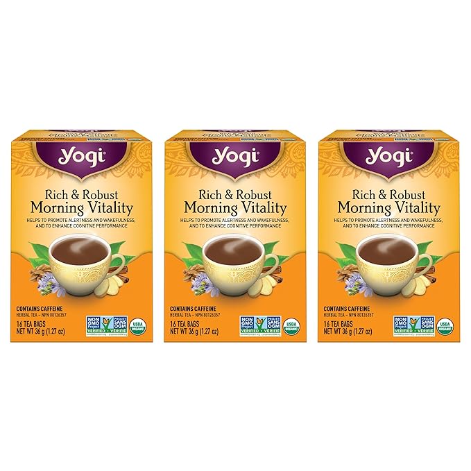 Yogi Tea Rich &amp Robust Morning Vitality (Pack 3) - 48 Tea Bags - Contains caffeine - Supports Energy - Inlcudes Roasted Chicory Cinnamon Ginger &amp More